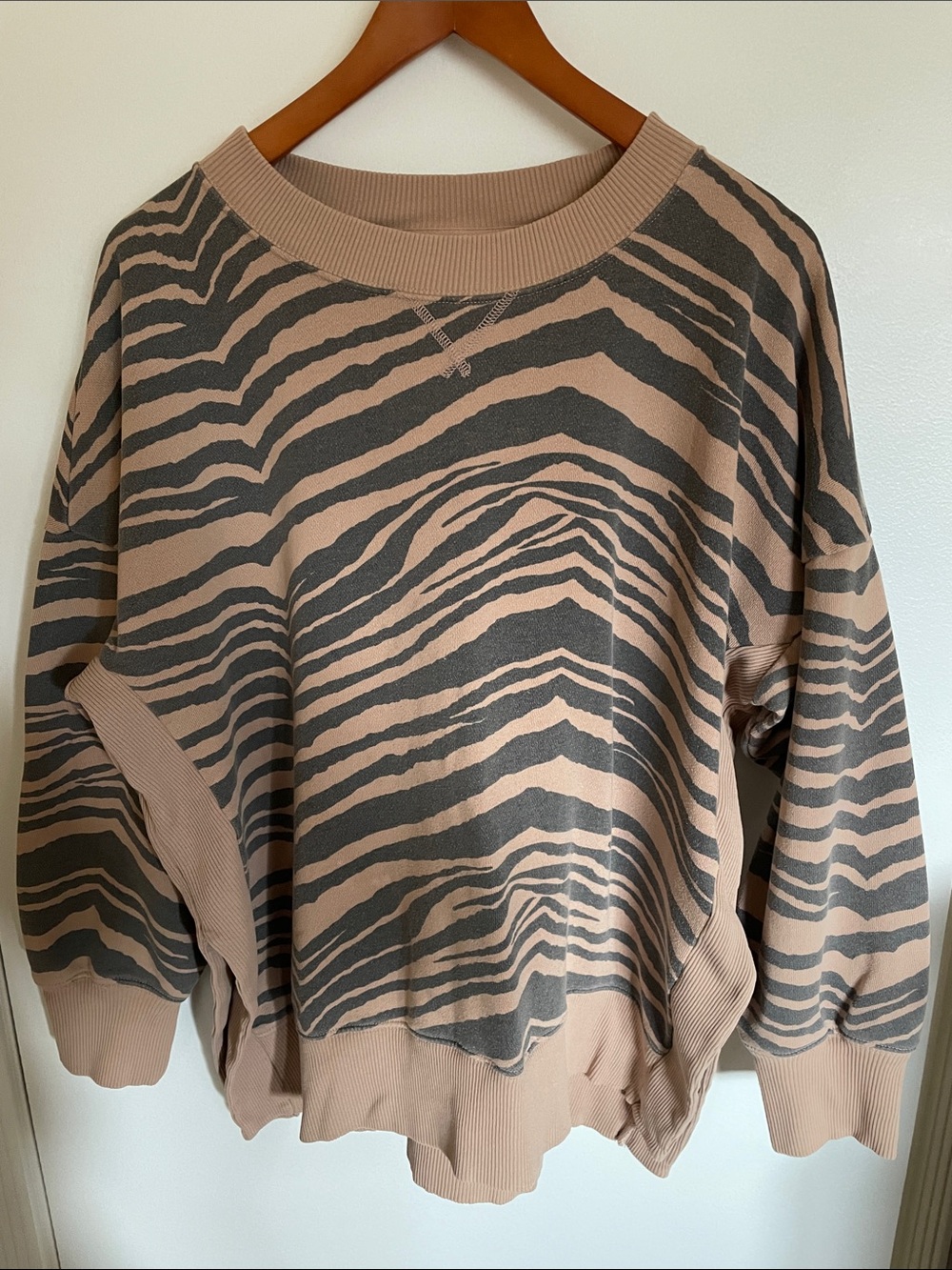 aerie Taupe and Charcoal Zebra-Print Scoop Neck Sweatshirt